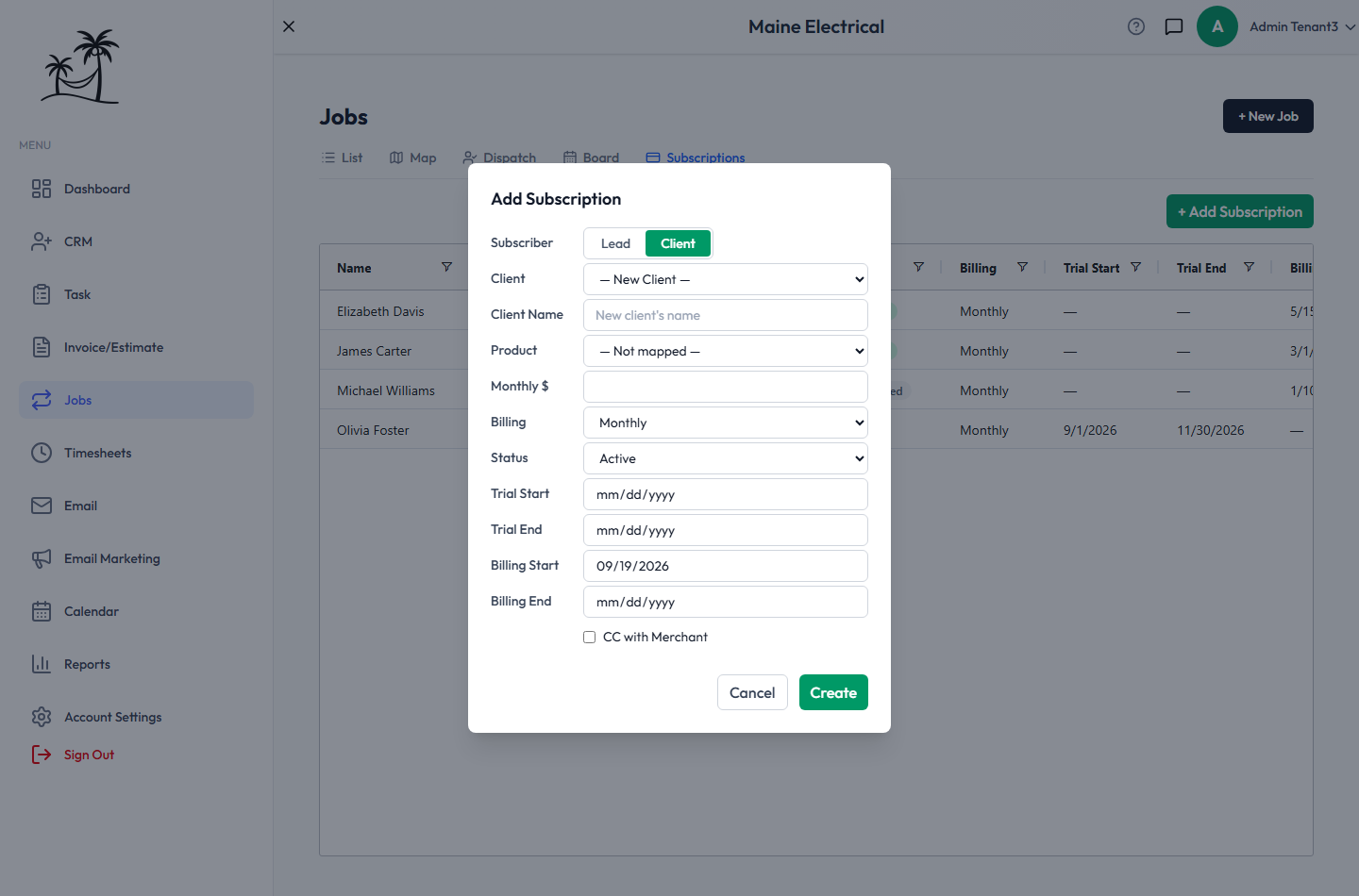 The Add Subscription window, with Lead or Client, the subscriber, Product, Monthly $, Billing, Status and the dates