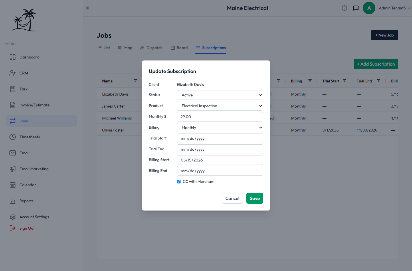 The Update Subscription window for an active client plan