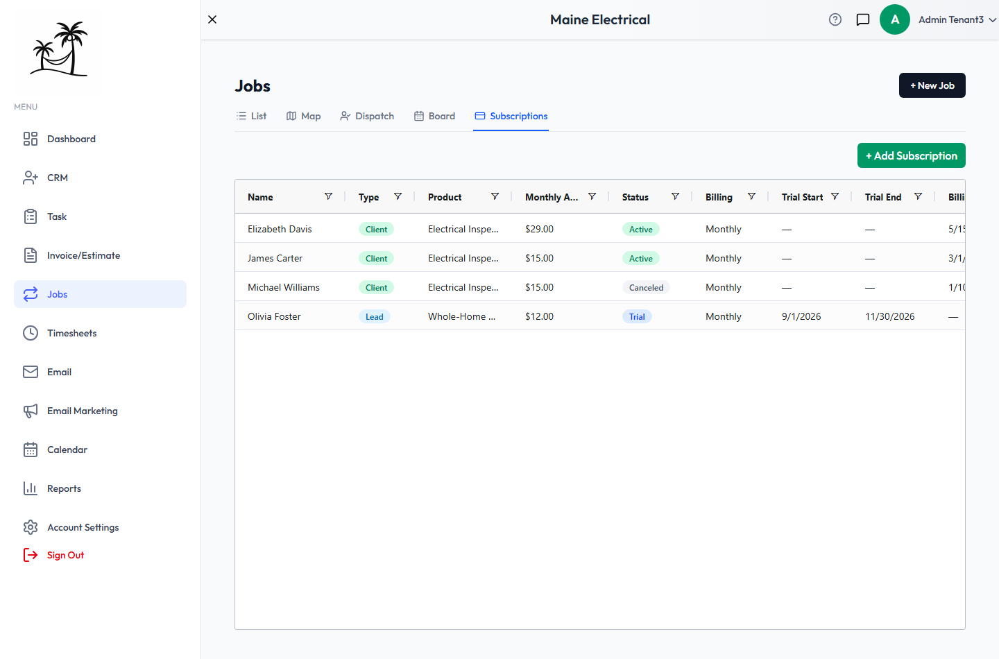 The Subscriptions grid, with Name, Type, Product, Monthly Amount, Status, Billing and the trial and billing dates