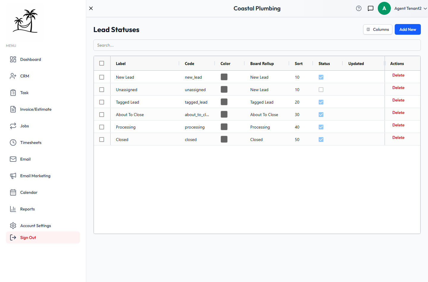 The Lead Statuses list, showing labels, codes, board rollup, sort order and active status