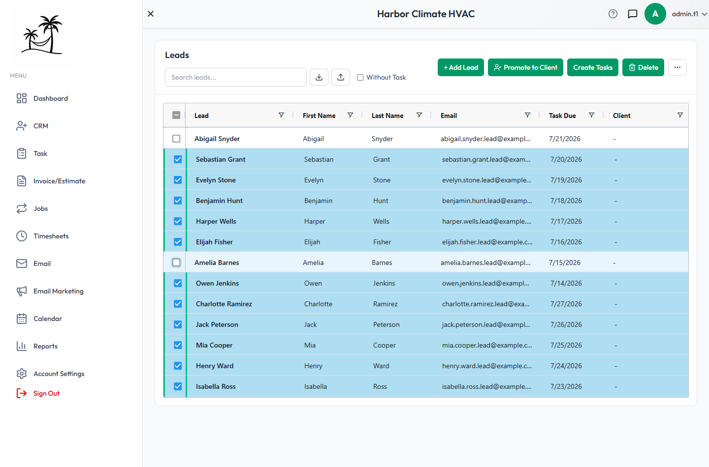 The Leads grid with several rows selected, showing the Promote to Client, Create Tasks, and Delete bulk actions