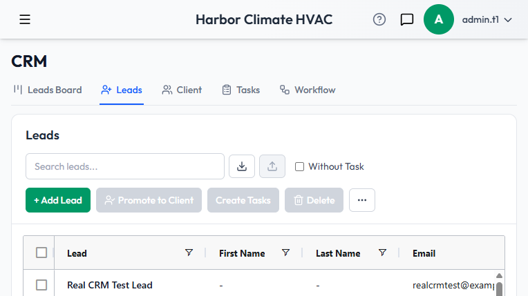 The Leads grid, with search, Add Lead, and bulk actions