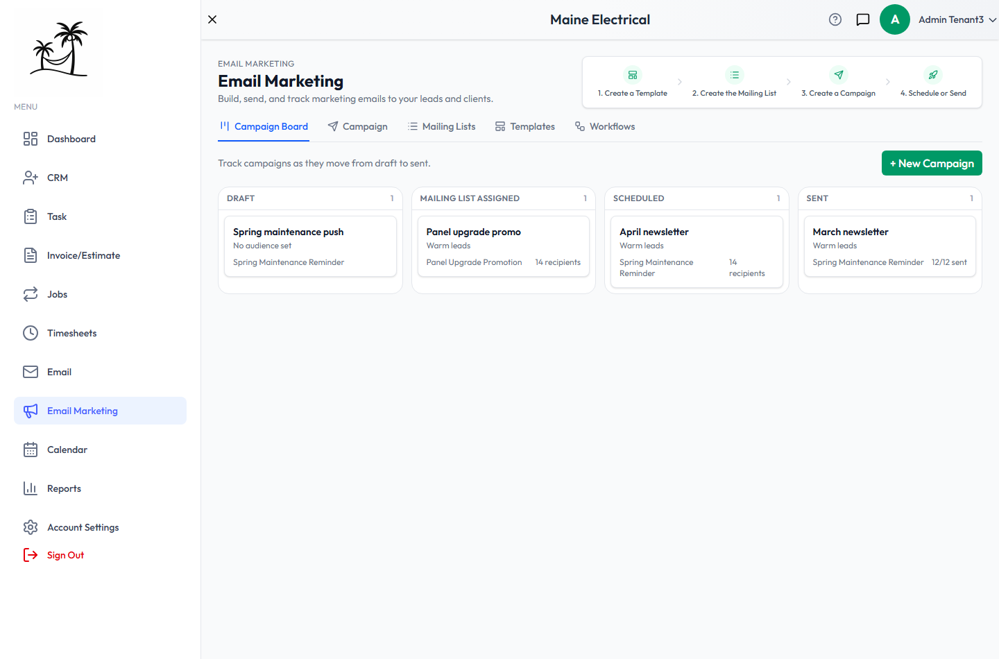 The Campaign Board, with Draft, Mailing List Assigned, Scheduled and Sent columns