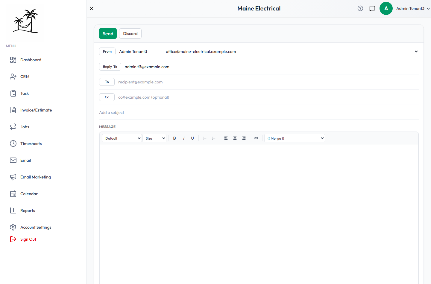 The compose screen, with From, Reply-To, To, Cc, Subject, and the rich-text editor with the Merge dropdown