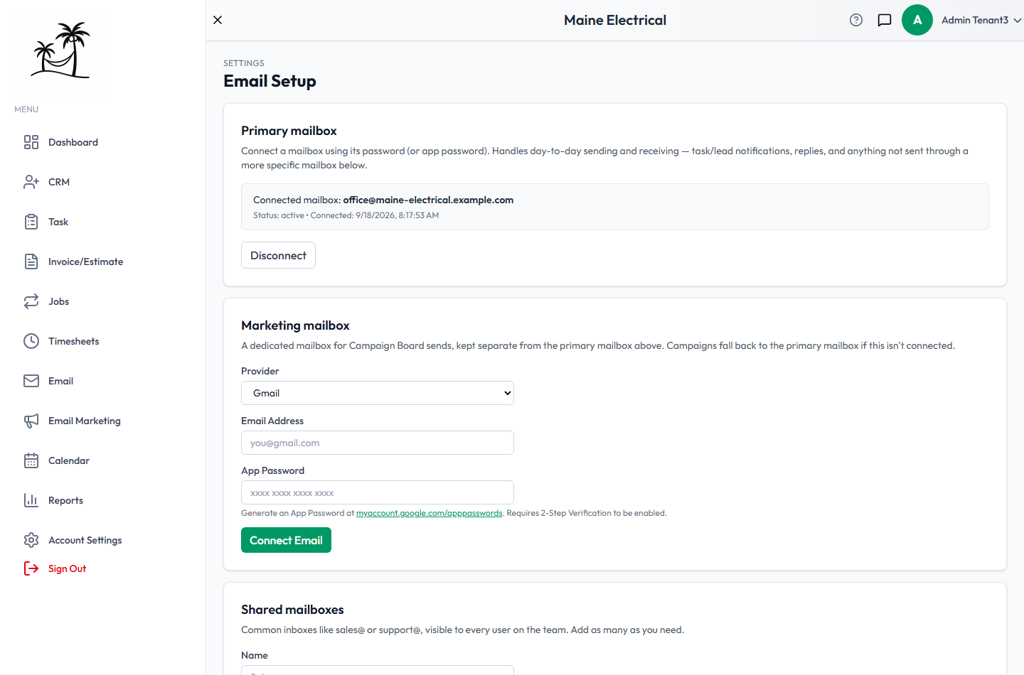 The Email Setup screen, showing the Primary mailbox connected, the Marketing mailbox form, and the Shared mailboxes section
