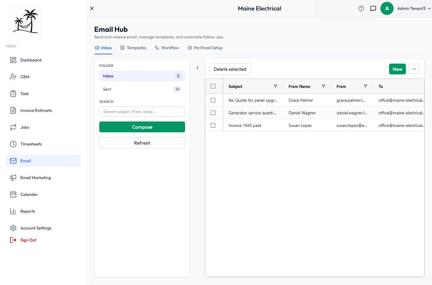 The Email Hub Inbox, with the Inbox and Sent folders, the search box, Compose and Refresh, and the message grid
