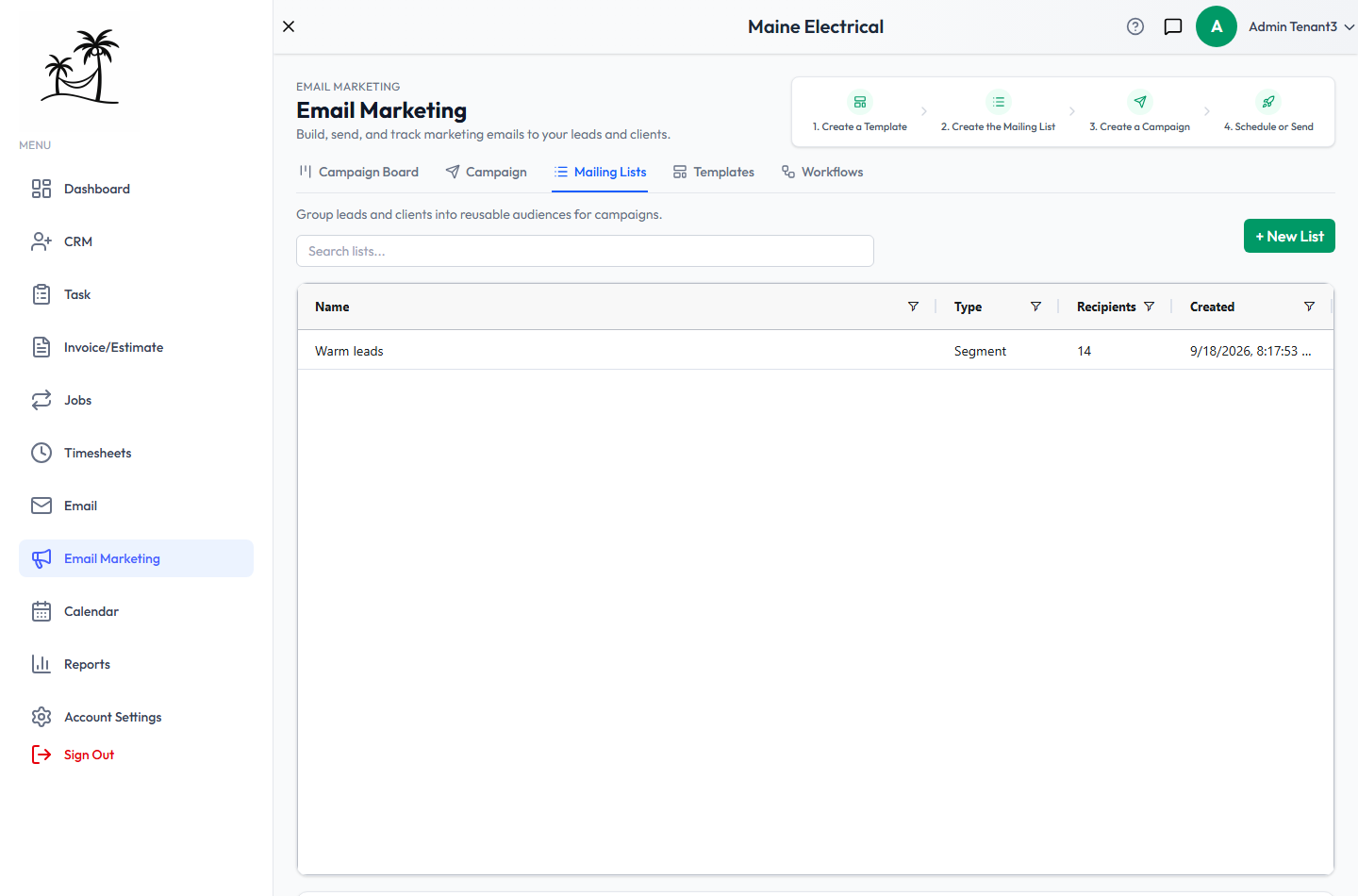 The Mailing Lists tab, with Name, Type, Recipients and Created columns