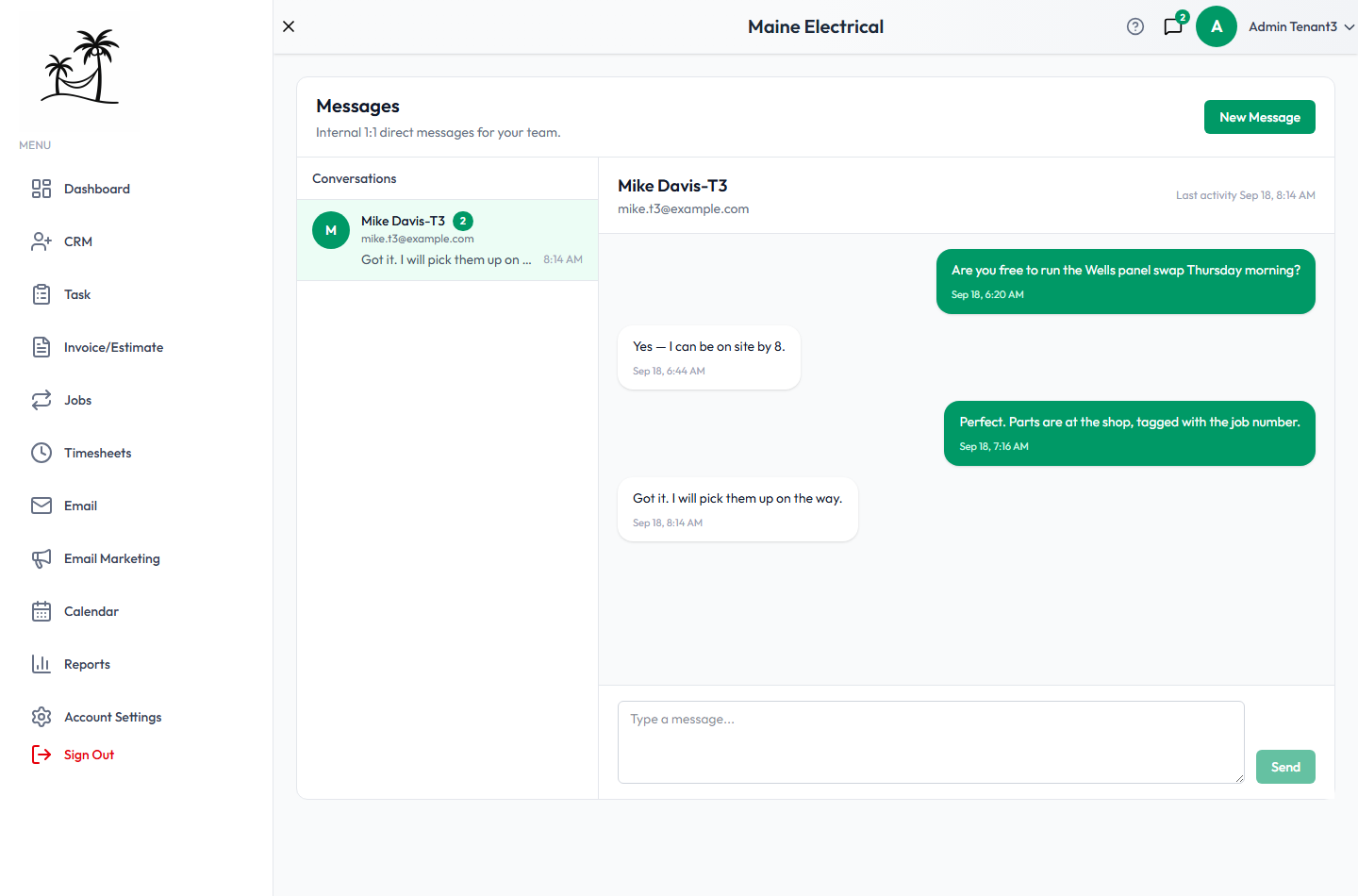 The Messages page, with the conversation list on the left and an open one-to-one conversation on the right
