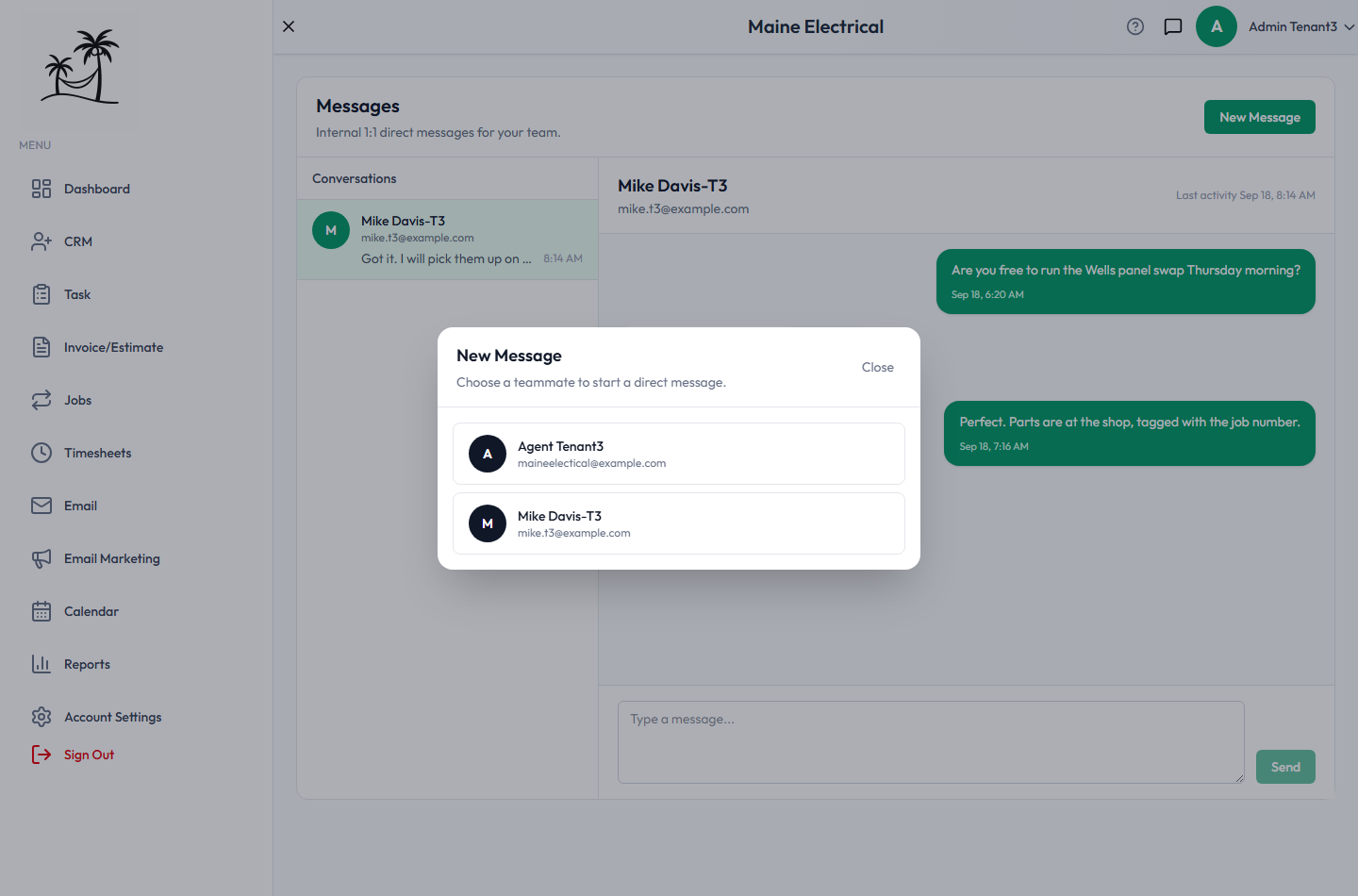 The New Message window, listing the teammates you can start a direct conversation with