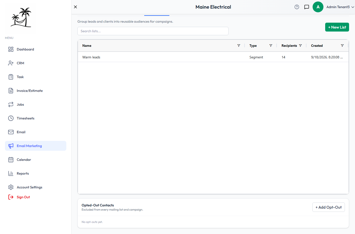 The Opted-Out Contacts panel below the mailing list grid, with the Add Opt-Out button