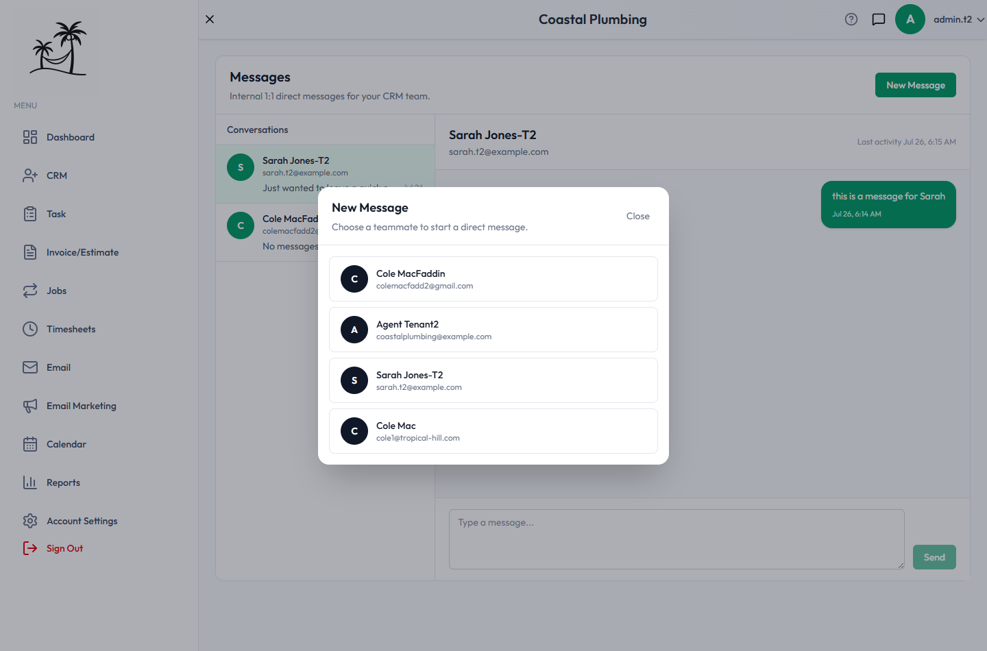 The New Message picker, listing teammates to start a direct conversation with