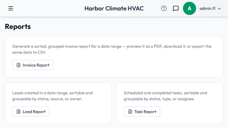 The Reports page, listing Invoice, Lead, and Task Report cards