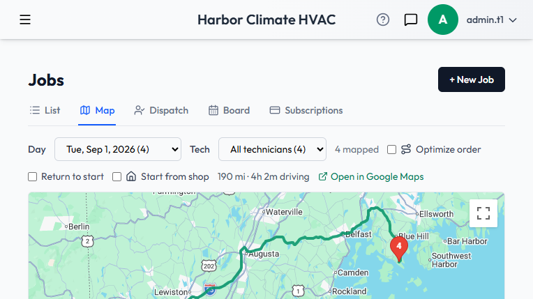 The Jobs day-map with Optimize order, Start from shop, driving distance/time, and Open in Google Maps