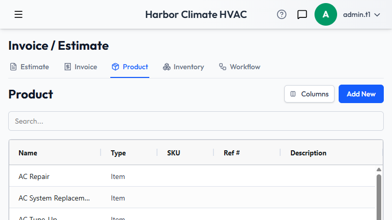 The Product (Service Catalog) grid