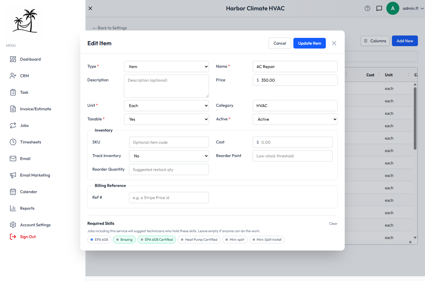 The Edit Item modal, with Inventory fields and Required Skills chips