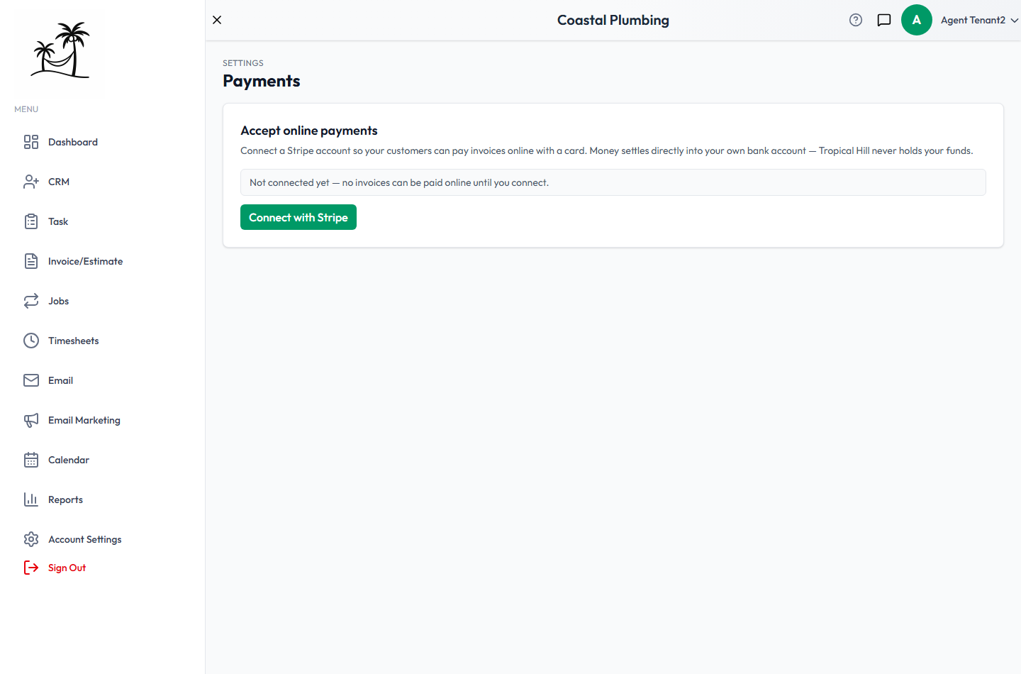 The Payments settings page before connecting, with the Connect with Stripe button