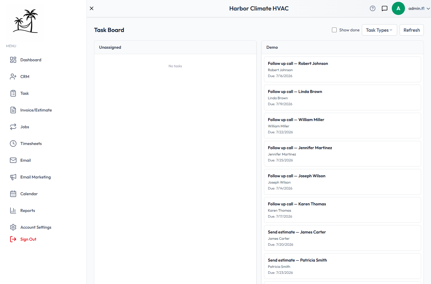 The Task Board, grouped by board rollup into Unassigned and Demo columns