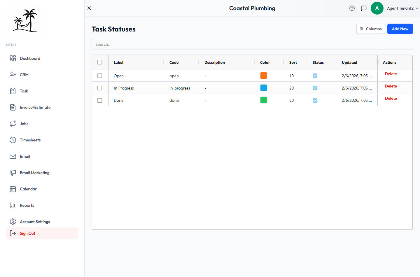 The Task Statuses list, with Open, In Progress and Done