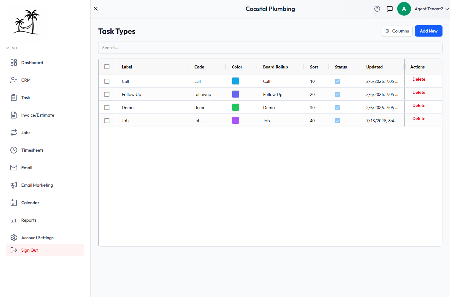 The Task Types list, showing Call, Follow Up, Demo and Job with their colors and board rollups