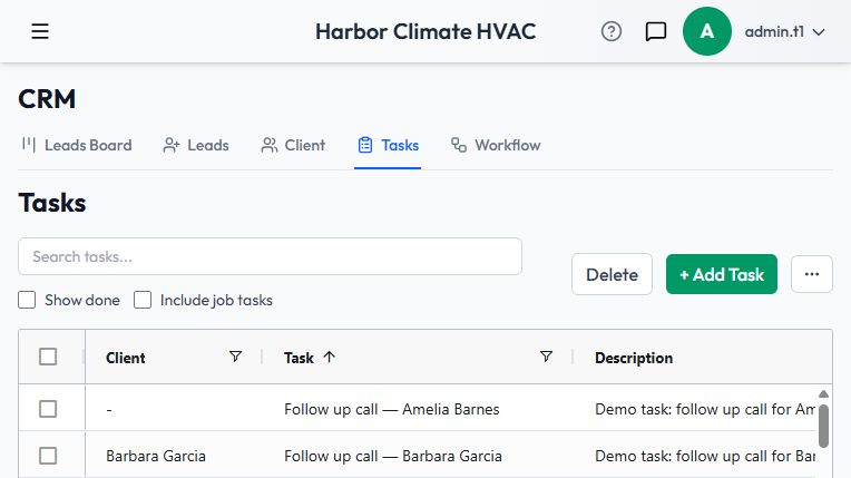 The Tasks grid, with Show done and Include job tasks filters