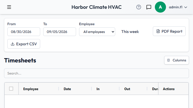 The Timesheets grid, with date range, employee filter, PDF Report, and Export CSV