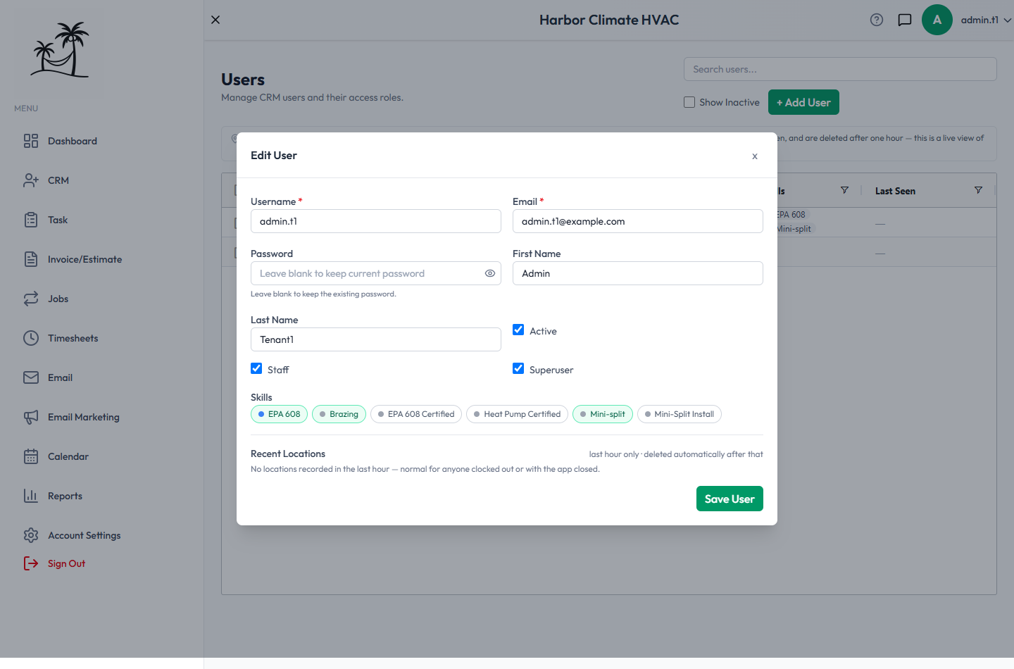 The Edit User modal, with Active/Staff/Superuser checkboxes and Skills chips selected