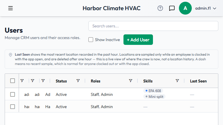 The Users grid, with a Skills column showing EPA 608 and Mini-split on one user